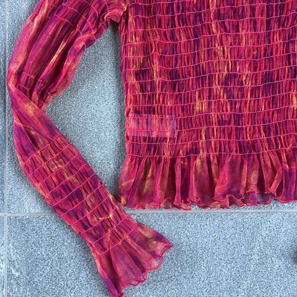 NWOT Free People Hello There Ruffled Sheer Mesh Top Red Pink Orange Abstract XS - Picture 12 of 16